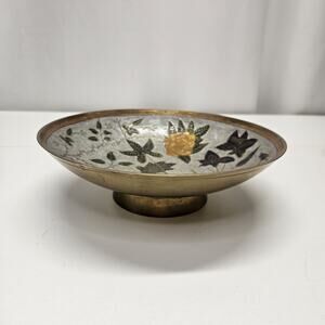 Vintage Brass Closionne Enamel Pedestal 9.5 Decorative Bowl India Floral